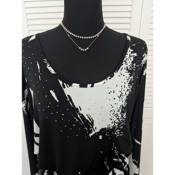 Vivica A. Fox Jumpsuit Women 1X Black Wht Bell-Slv Abstract Splatter Art To Wear - Picture 2 of 13